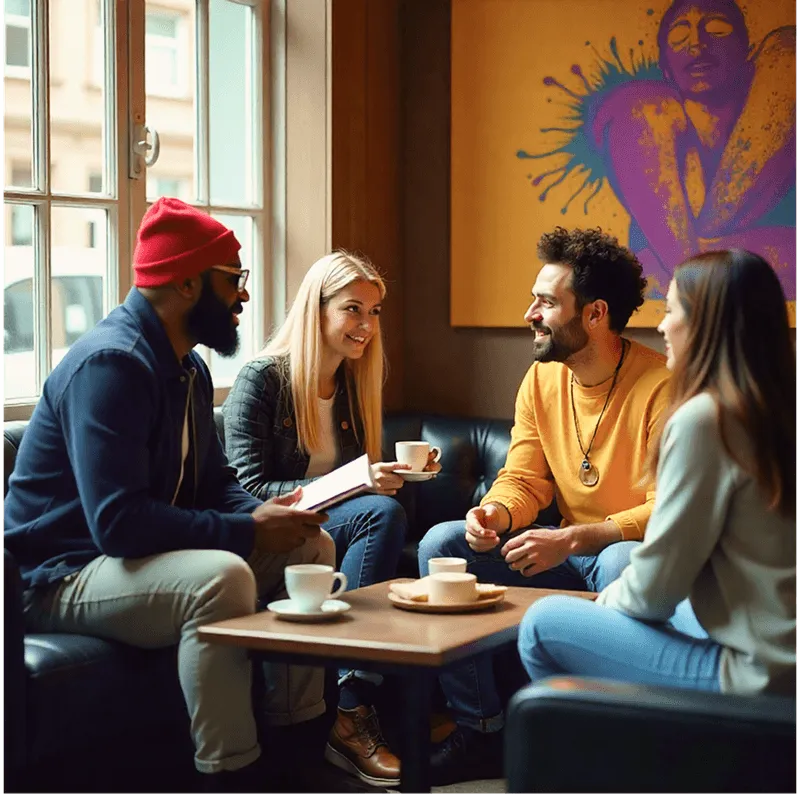 Guests enjoying coffee and conversation inside a stylish Shoreditch café with modern art décor.