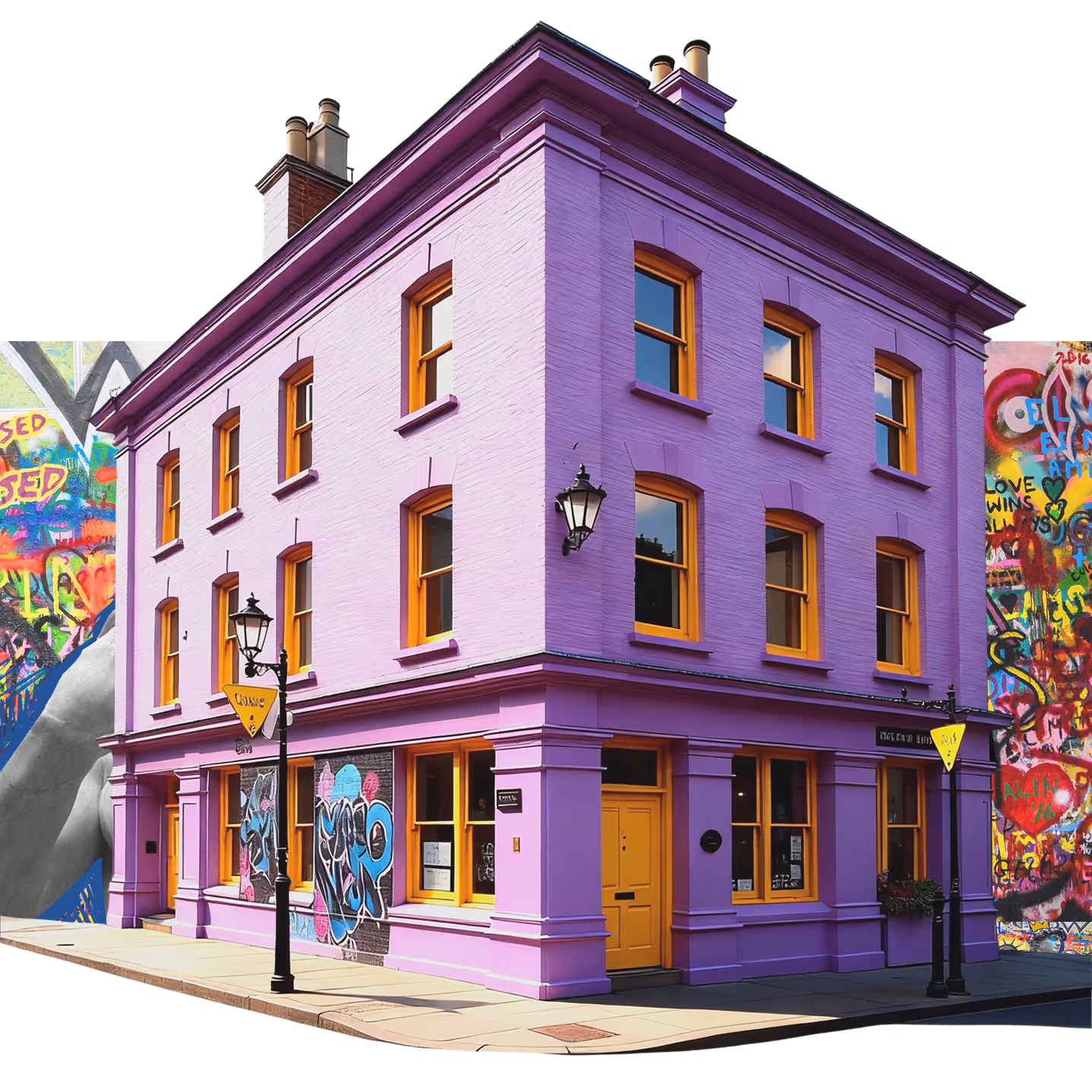 Vibrant purple boutique hotel in Shoreditch London with bold orange windows, surrounded by colorful street art murals.