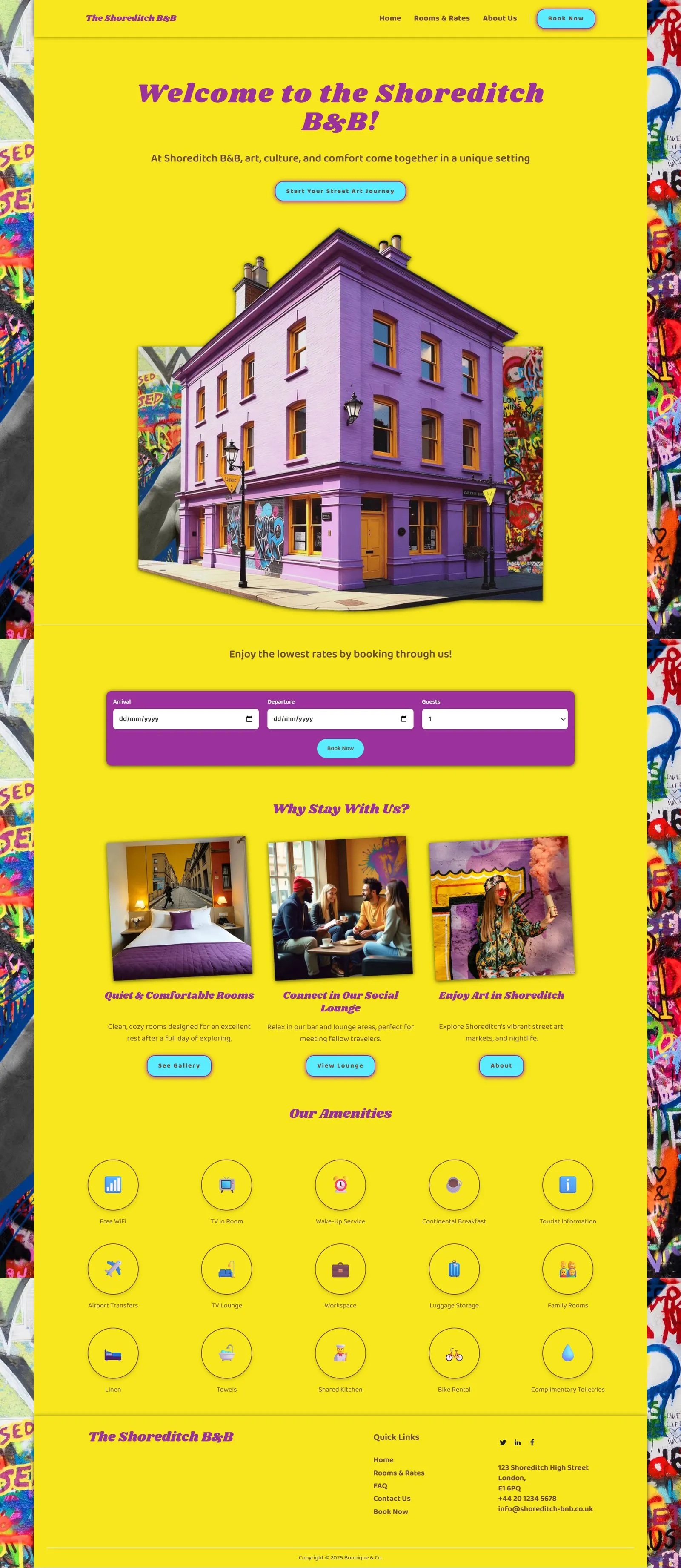 Portfolio website for The Shoreditch B&B, vibrant London bed and breakfast with bold yellow design, local art, modern rooms, and guest amenities