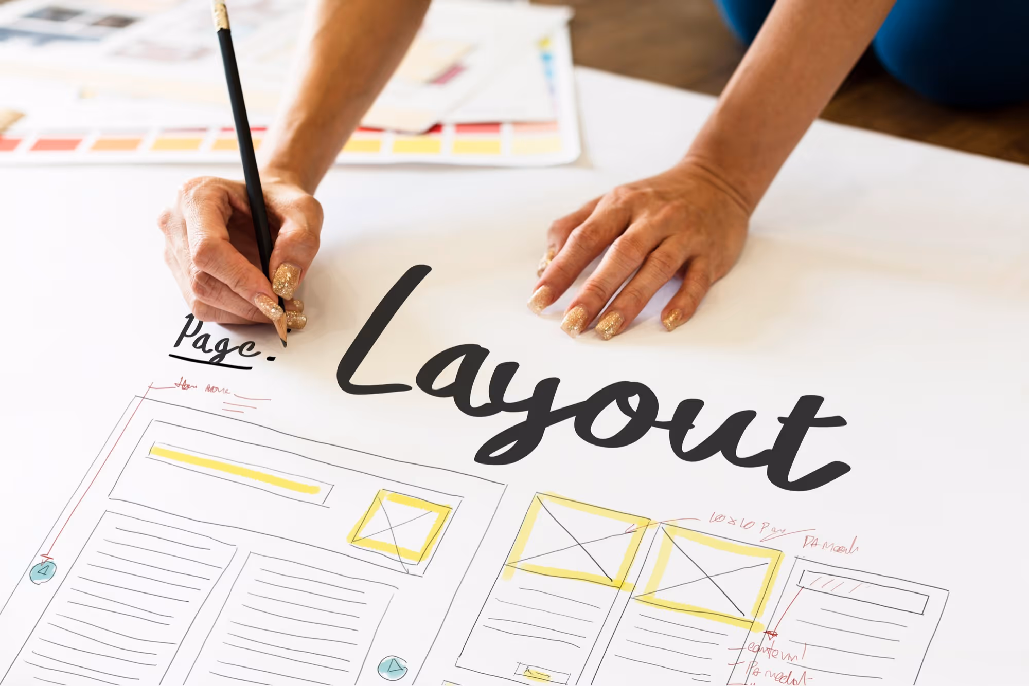 Web Designer sketching website layout wireframe on paper during planning stage