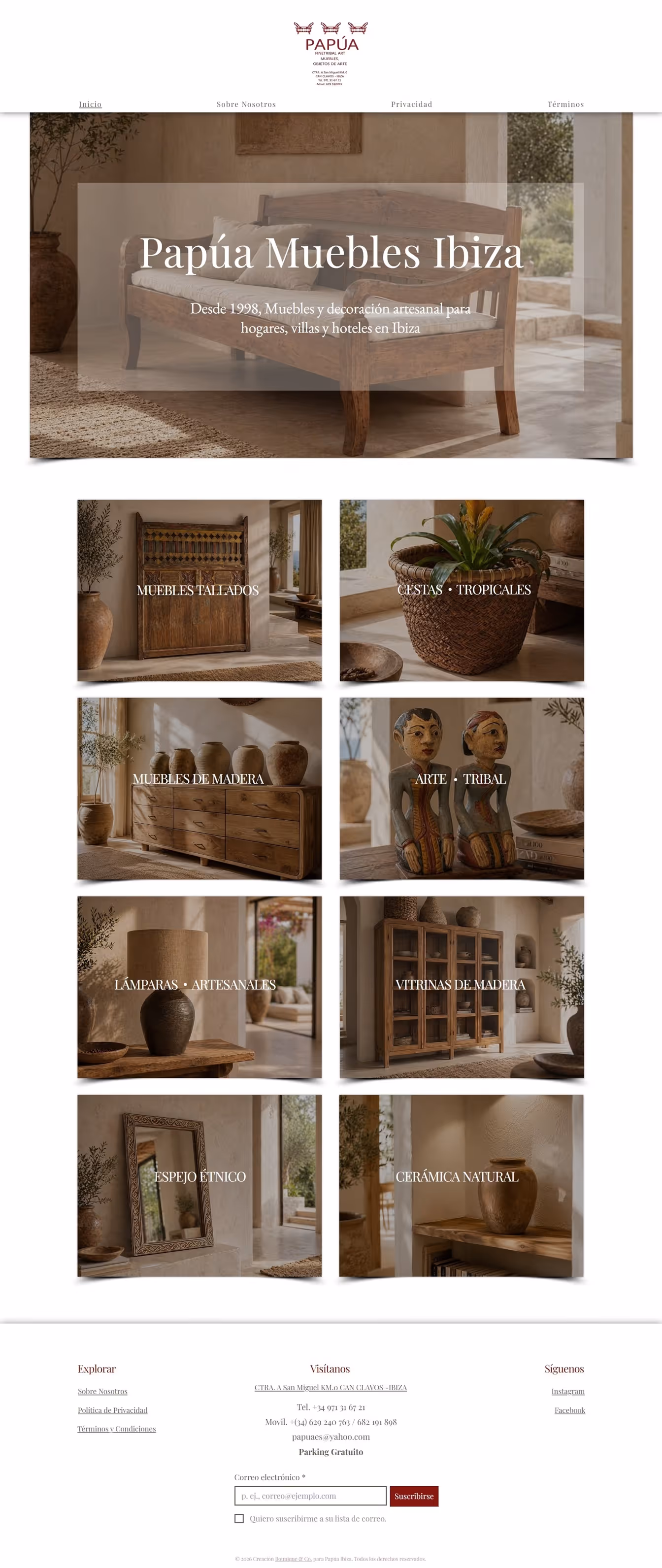 Custom website design for Papúa Muebles Ibiza featuring SEO-focused structure, Mediterranean branding and handcrafted furniture collections