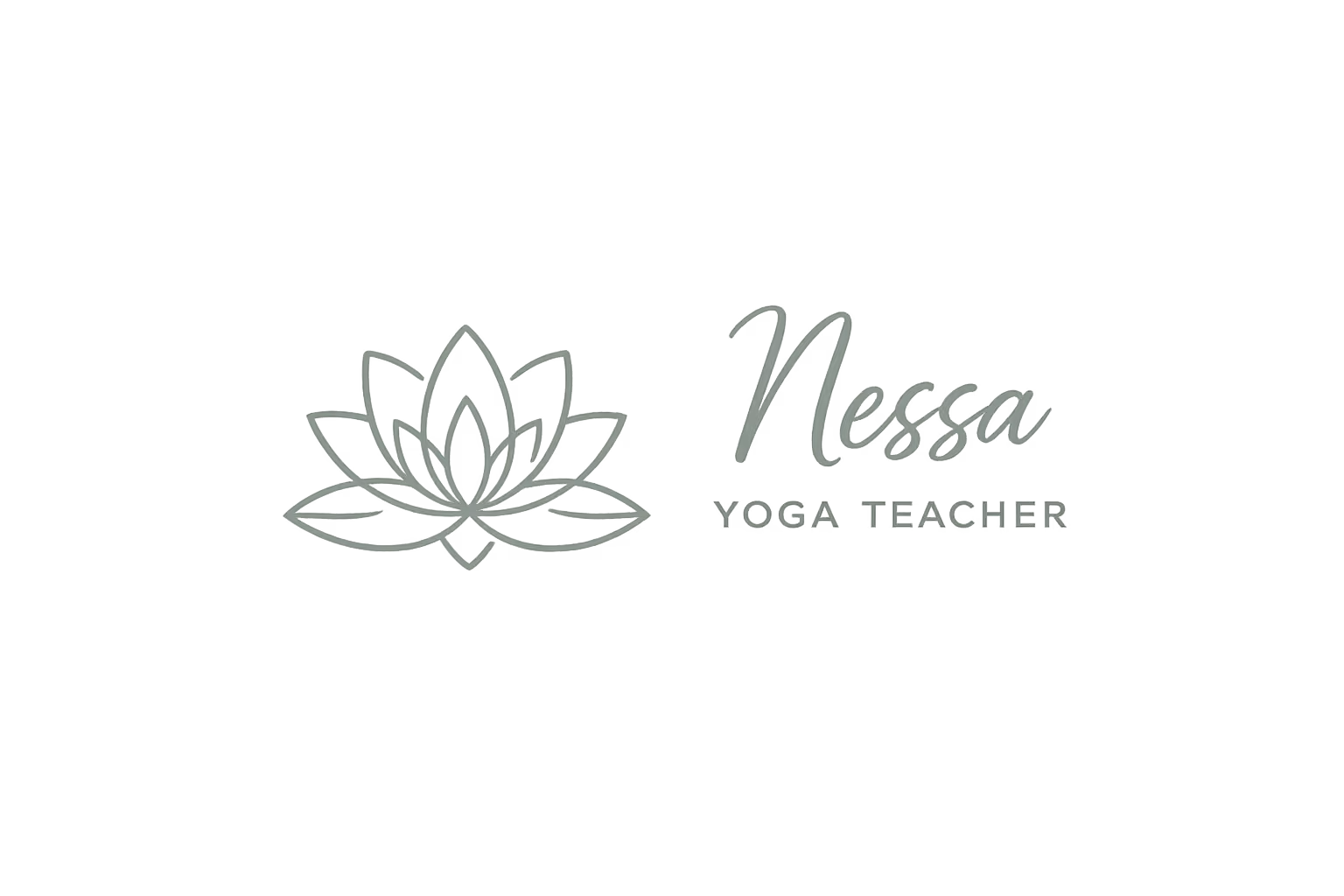 Logo with a lotus flower outline next to the text 'Nessa Yoga Teacher' on a gray background.