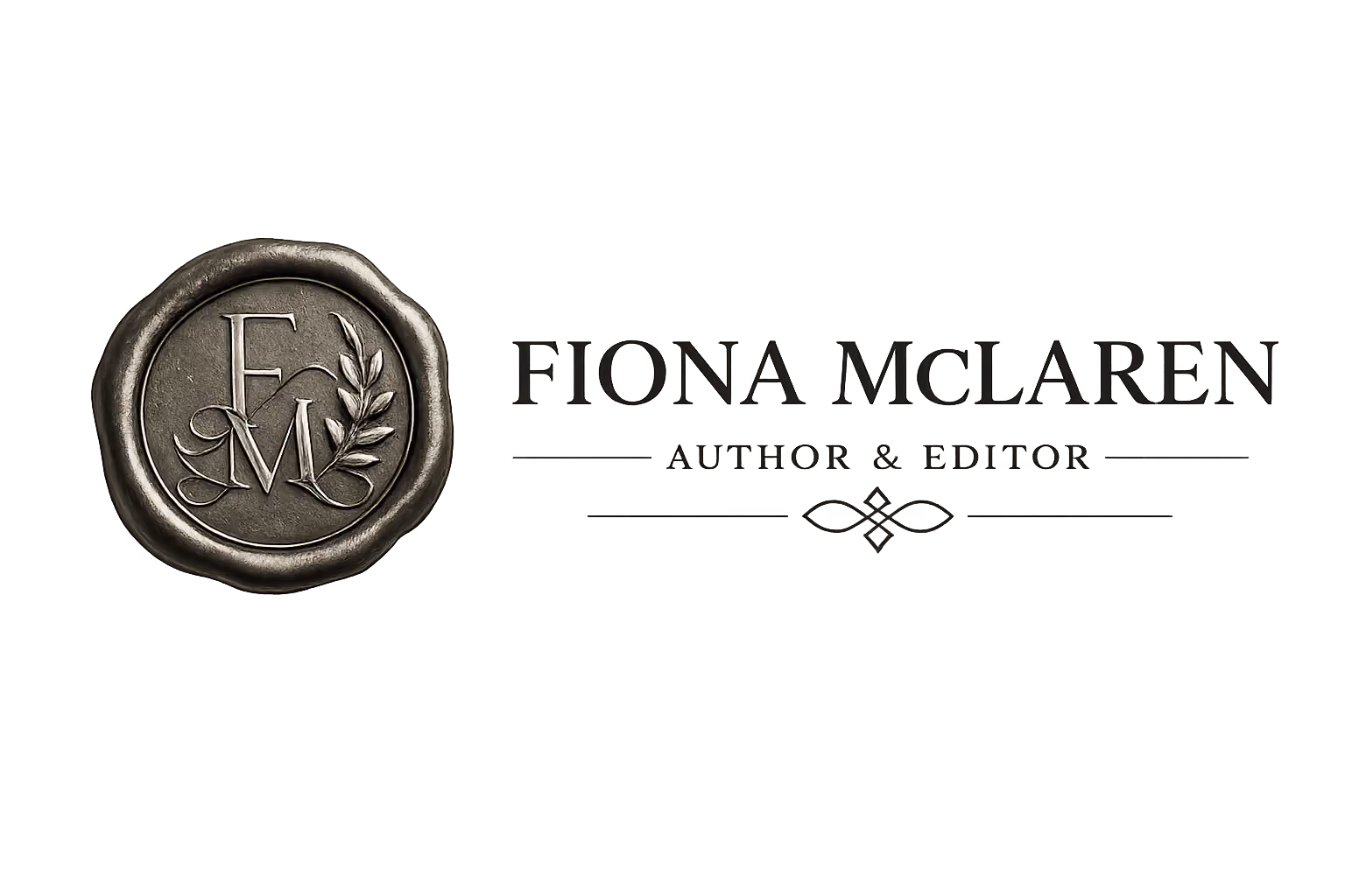 Fiona McLaren Author & Editor logo with wax seal monogram.
