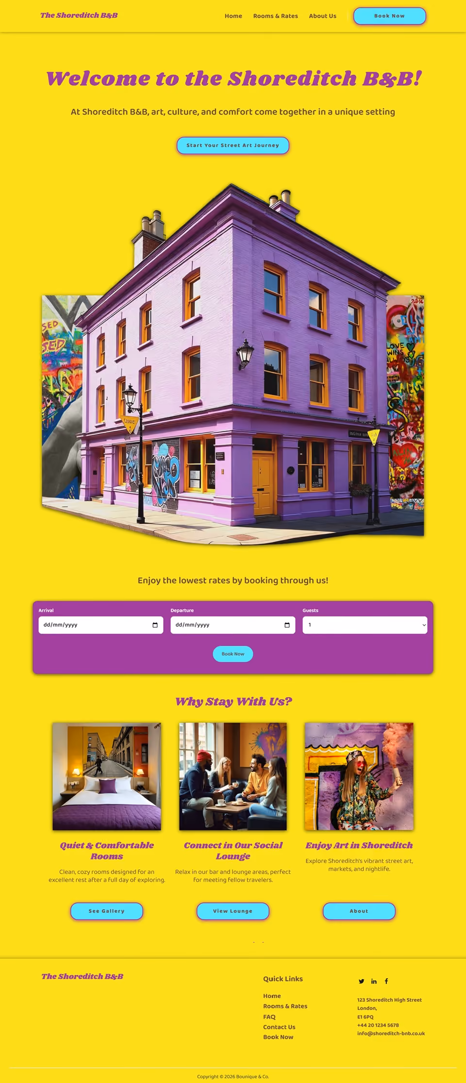 Website landing page with a purple building, booking form, and features of Shoreditch B&B on yellow background.