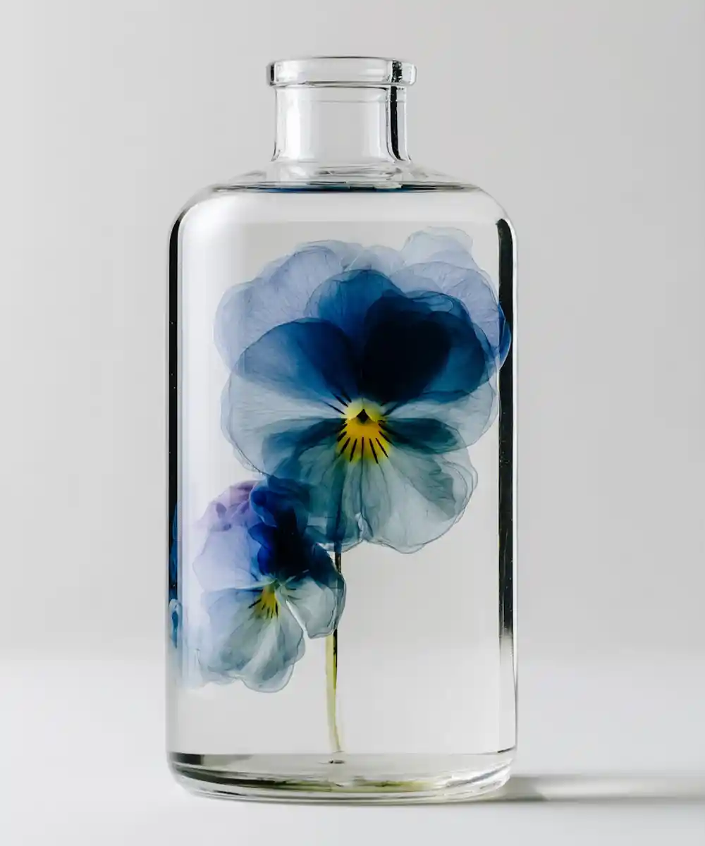 Blue flower inside glass bottle.