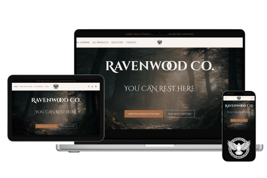 An image showing an e-commerce project for a company called ravenwood showing responsive design
