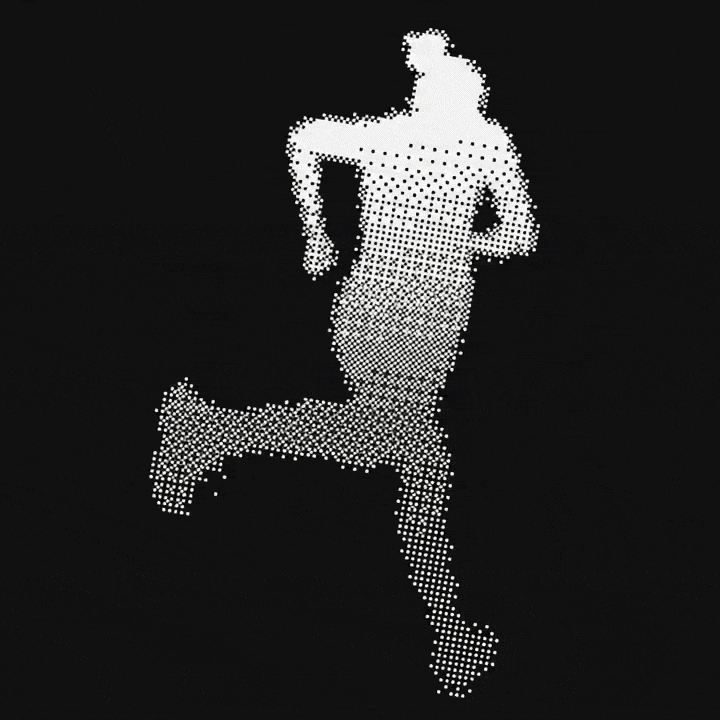 Animated silhouette of a running person composed of white dots on a black background.