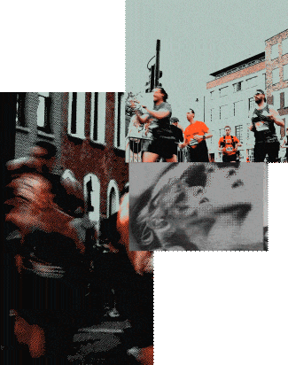 Collage of images showing marathon runners on city streets and a black-and-white photo of a dog with a bone.
