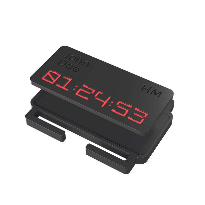Black digital watch display showing a battery icon and time 01:24:53 with name John Doe and initials HM.