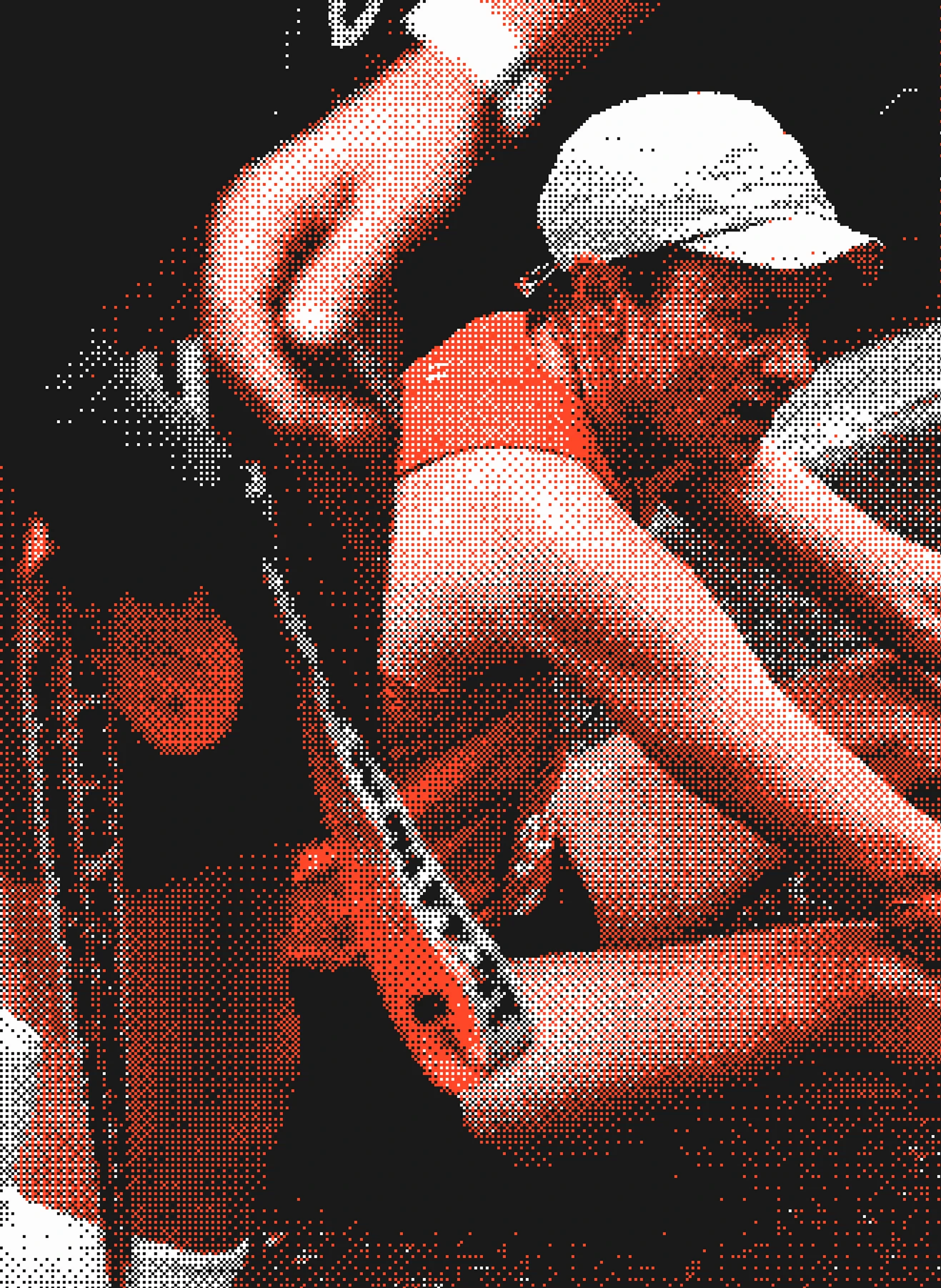 A man sitting down tired, after finishing a Marathon with a bit-map effect
