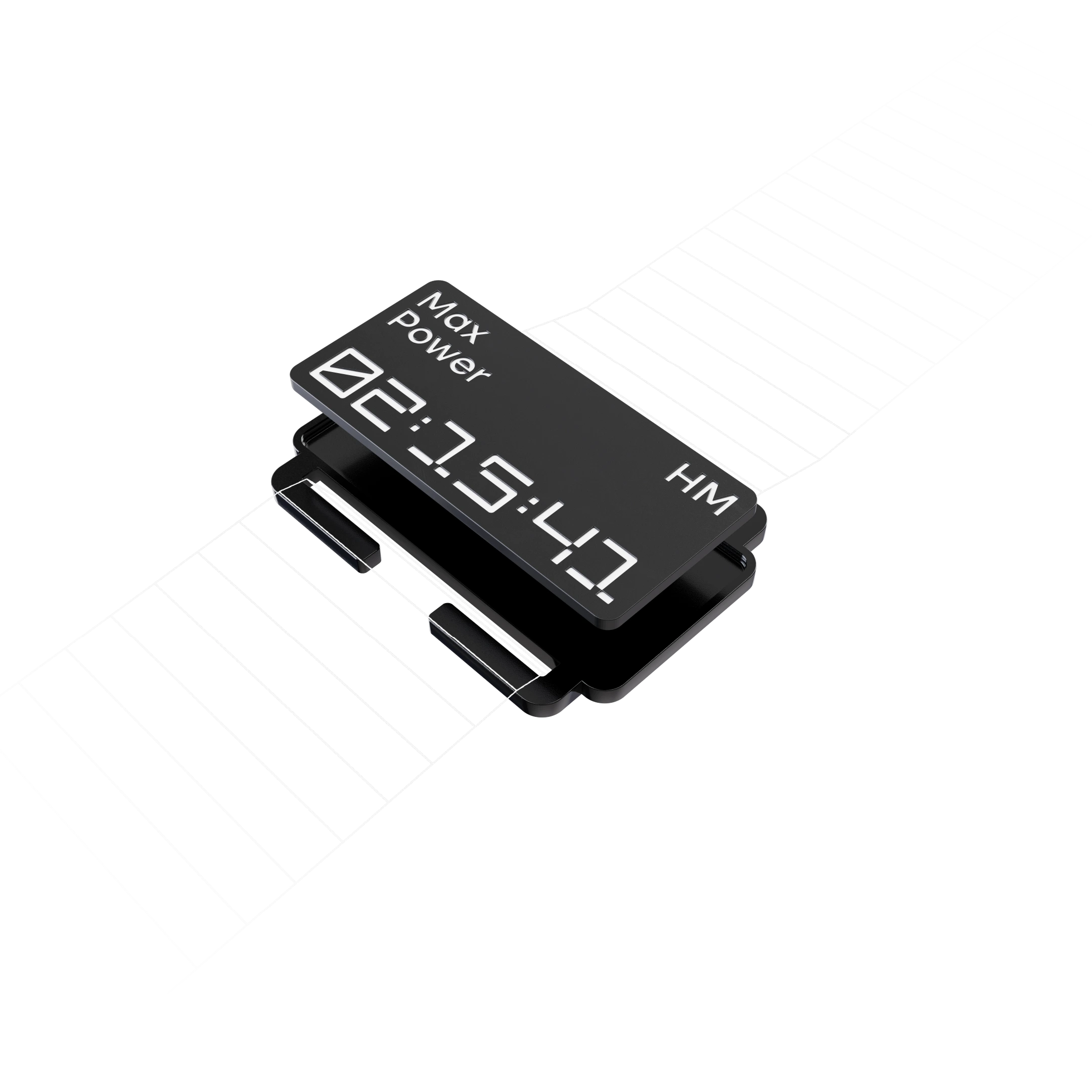 Black digital watch display showing a battery icon and time 01:24:53 with name John Doe and initials HM.
