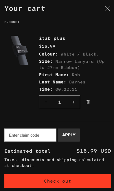 A screenshot of the Product shopping cart page of the itab plus at $16.99