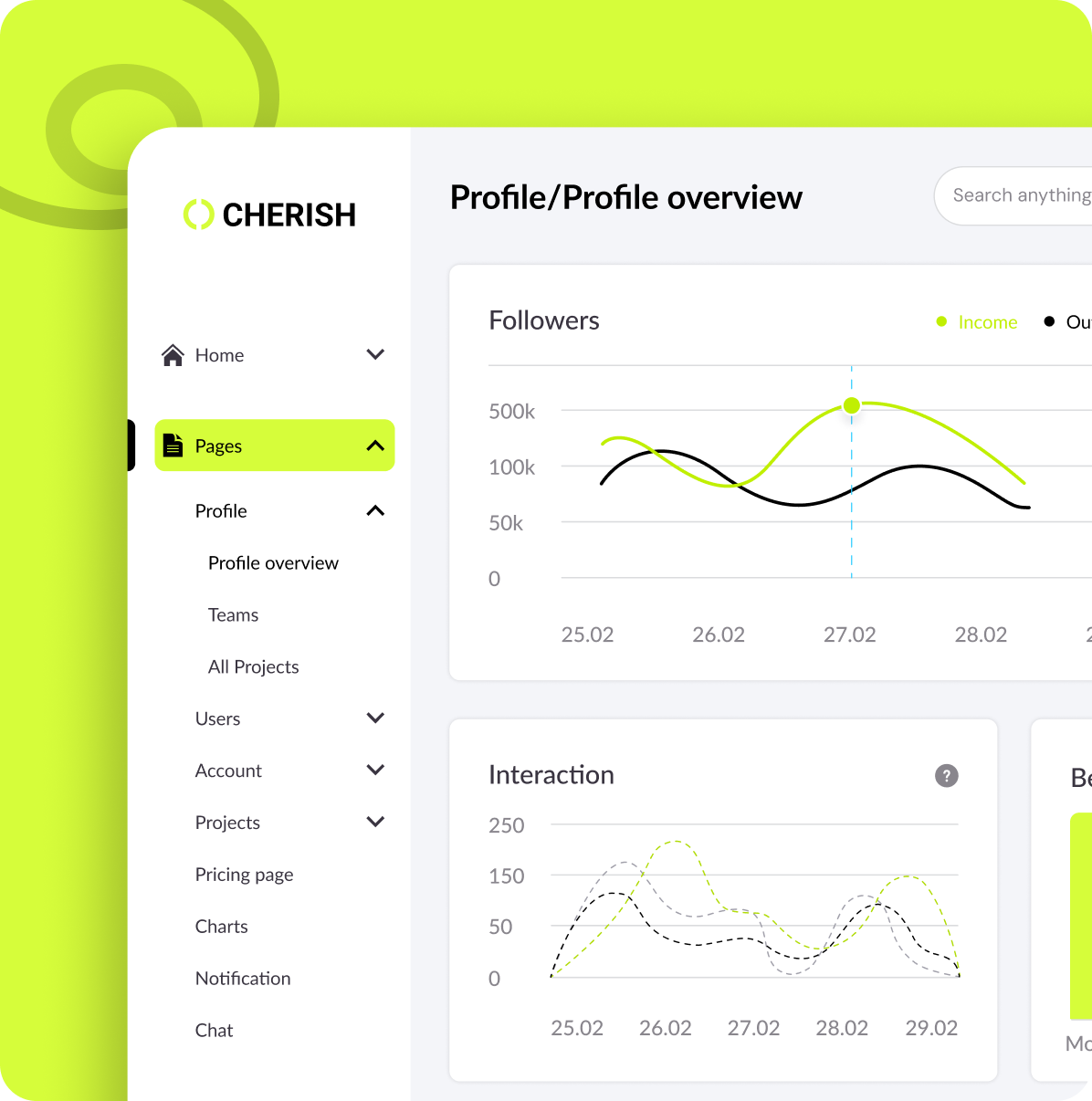 Dashboard interface showing profile overview with line charts for Followers income and outcome, and Interaction metrics over dates.