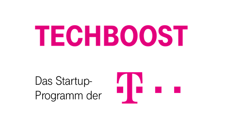 'TECHBOOST' in bold magenta text with 'Das Startup-Programm der' in black text beneath, next to the magenta T-Mobile logo.