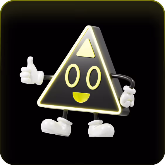 Smiling black triangular character with glowing yellow edges, white gloves, and shoes giving a thumbs-up.