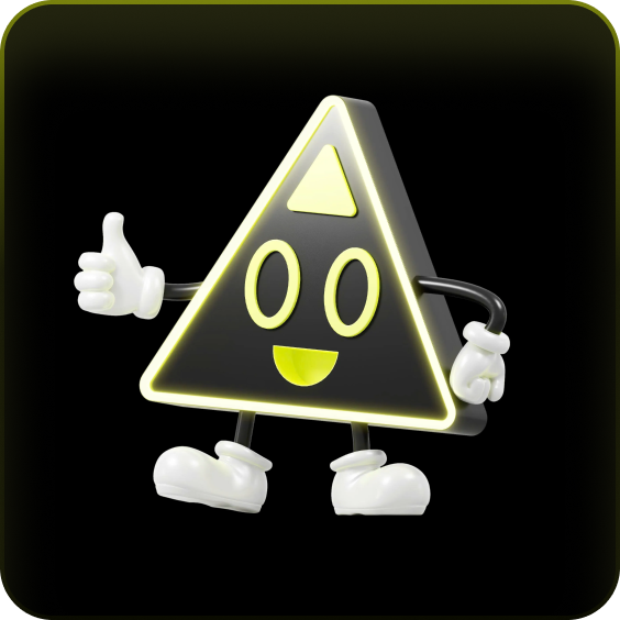 Smiling black triangular character with glowing yellow edges, white gloves, and shoes giving a thumbs-up.