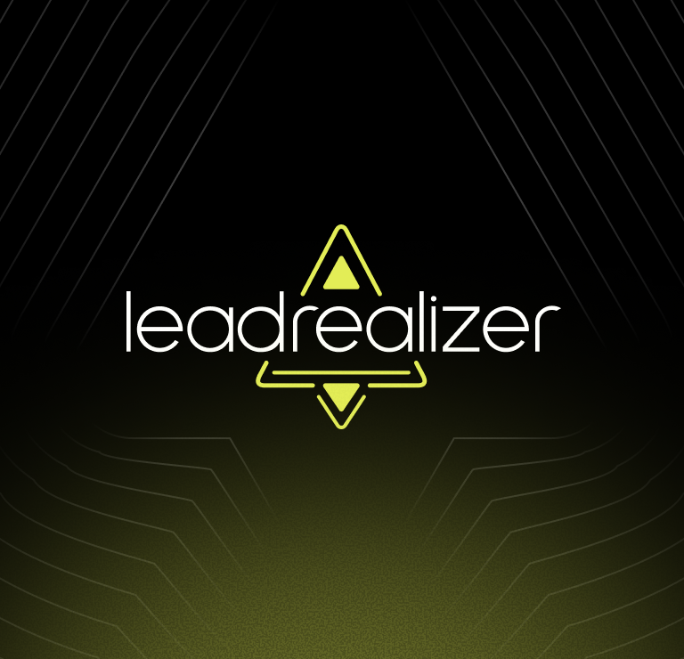 Leadrealizer logo with stylized green triangle and outlined arrow elements on a black gradient background.