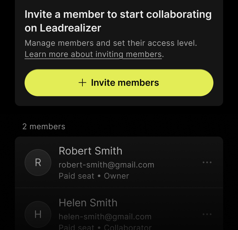 User interface showing an invitation prompt to invite members to collaborate on Leadrealizer with a yellow 'Invite members' button, and a list of two members named Robert Smith and Helen Smith with their roles and emails.