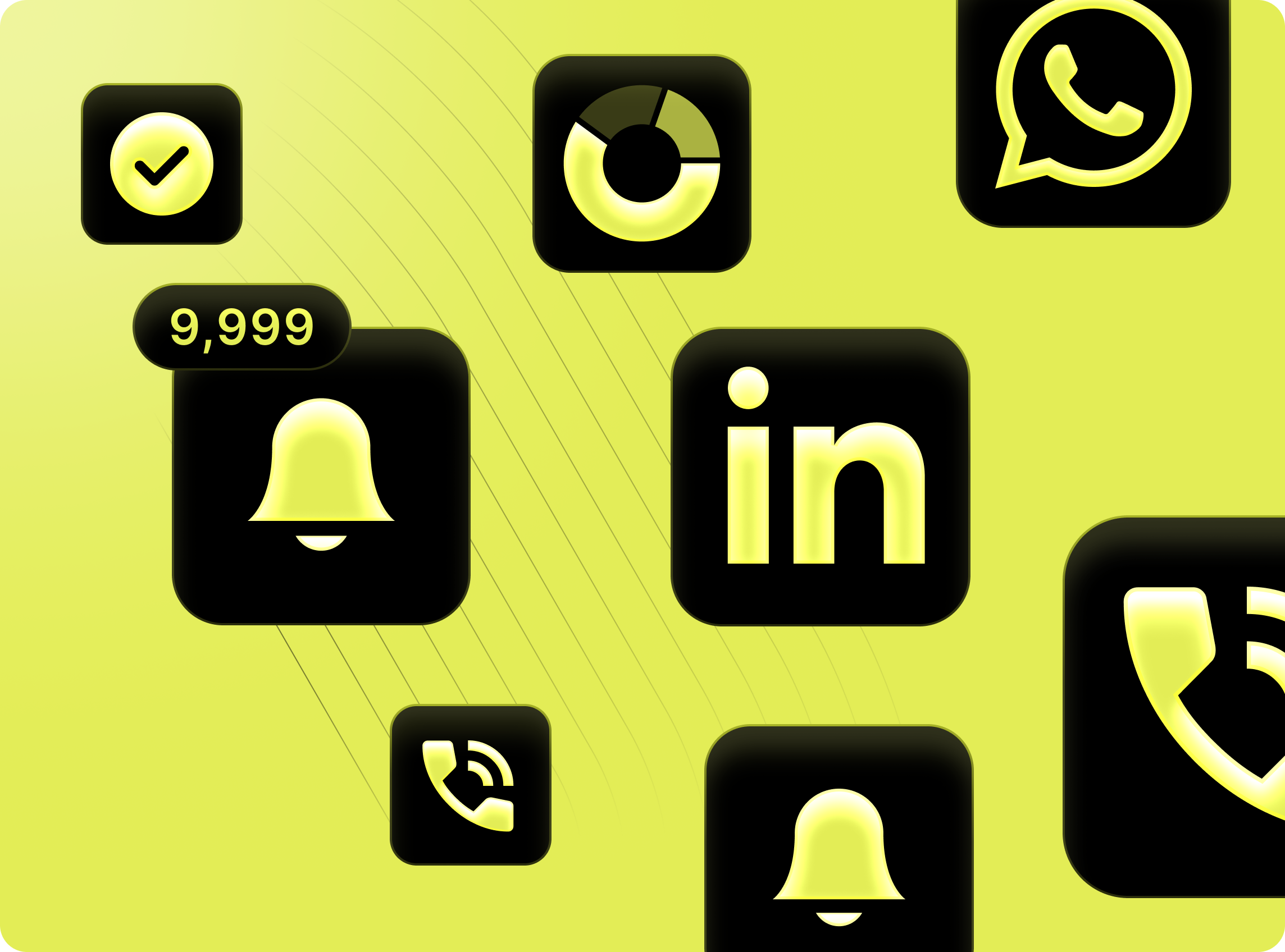 Glowing neon yellow icons on black squares including notification bells with 9,999 alert, LinkedIn, telephone, and WhatsApp symbols on a yellow gradient background with curved lines.
