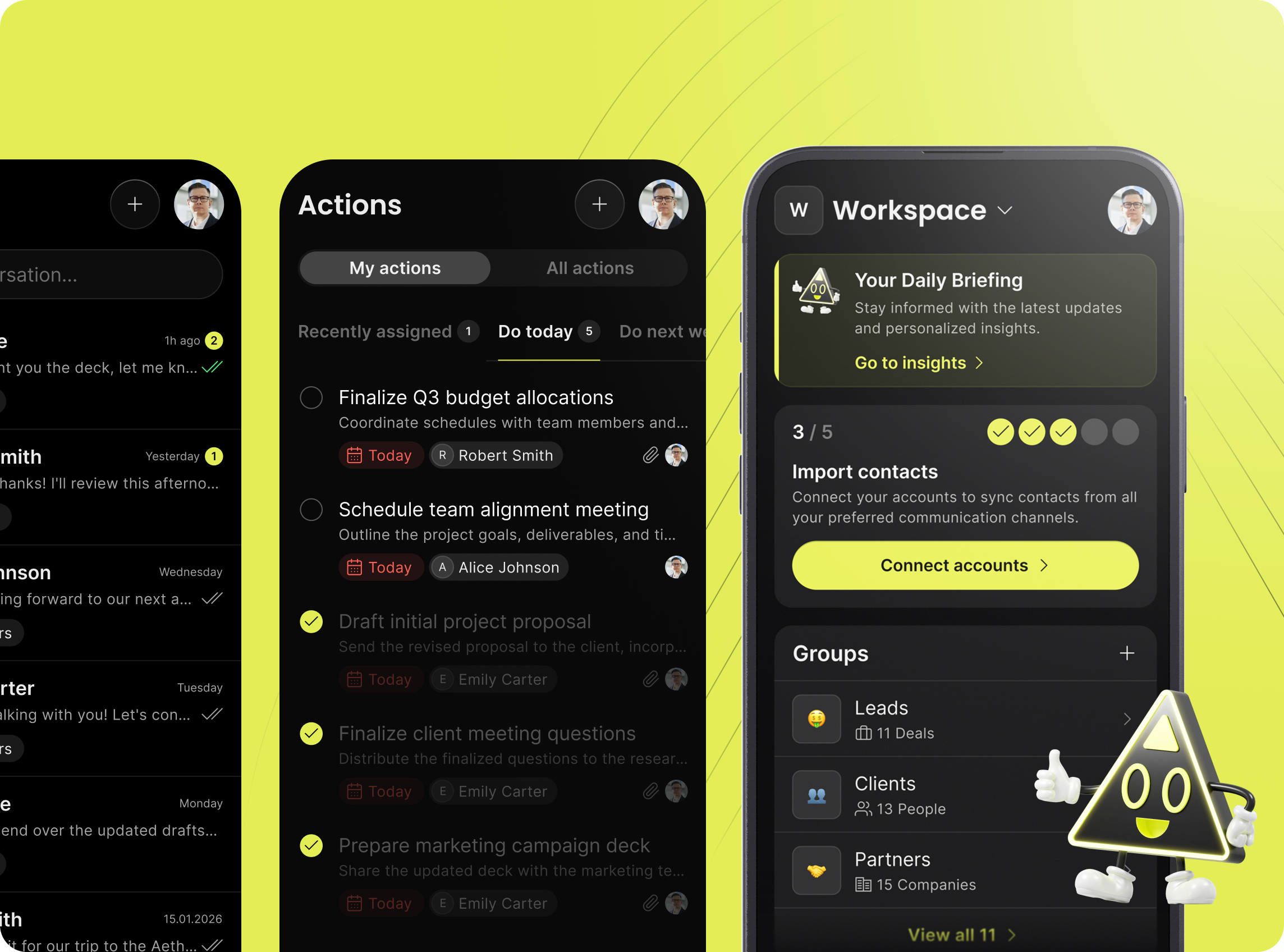 Dark mode productivity app interface showing actions list, daily briefing, and workspace with contacts and groups on a smartphone screen.