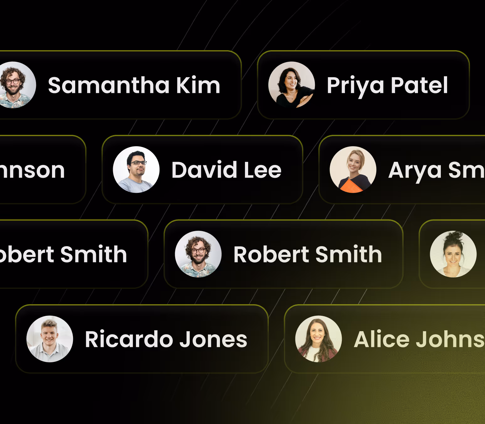 A network-style graphic showing rectangular name labels with photos of diverse people including Samantha Kim, Priya Patel, David Lee, Arya Smith, Robert Smith, Ricardo Jones, and Alice Johns on a dark background with green outlines.