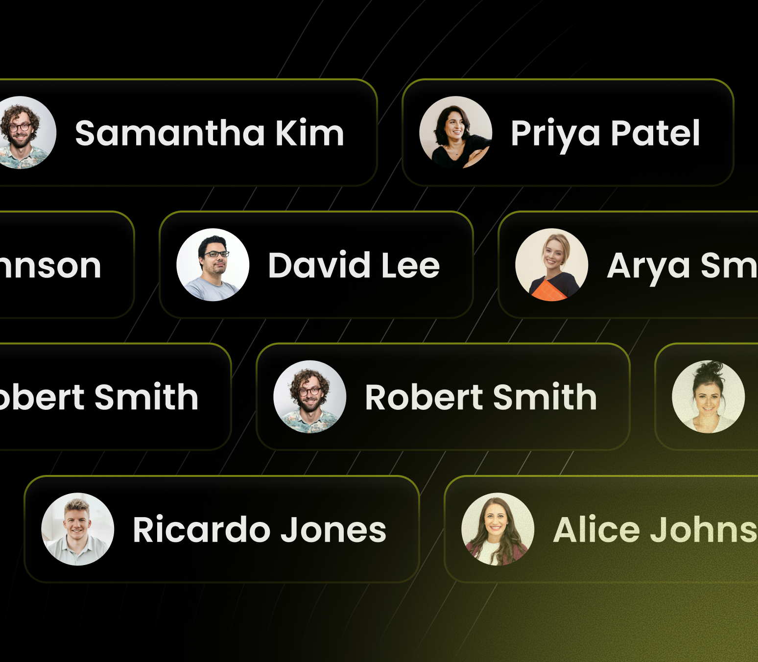 A network-style graphic showing rectangular name labels with photos of diverse people including Samantha Kim, Priya Patel, David Lee, Arya Smith, Robert Smith, Ricardo Jones, and Alice Johns on a dark background with green outlines.