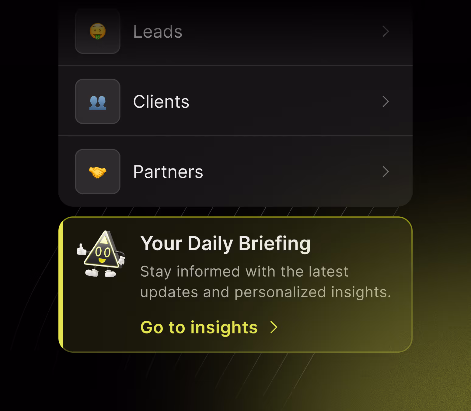 App menu with options Leads, Clients, Partners, and a highlighted daily briefing card encouraging to go to insights.