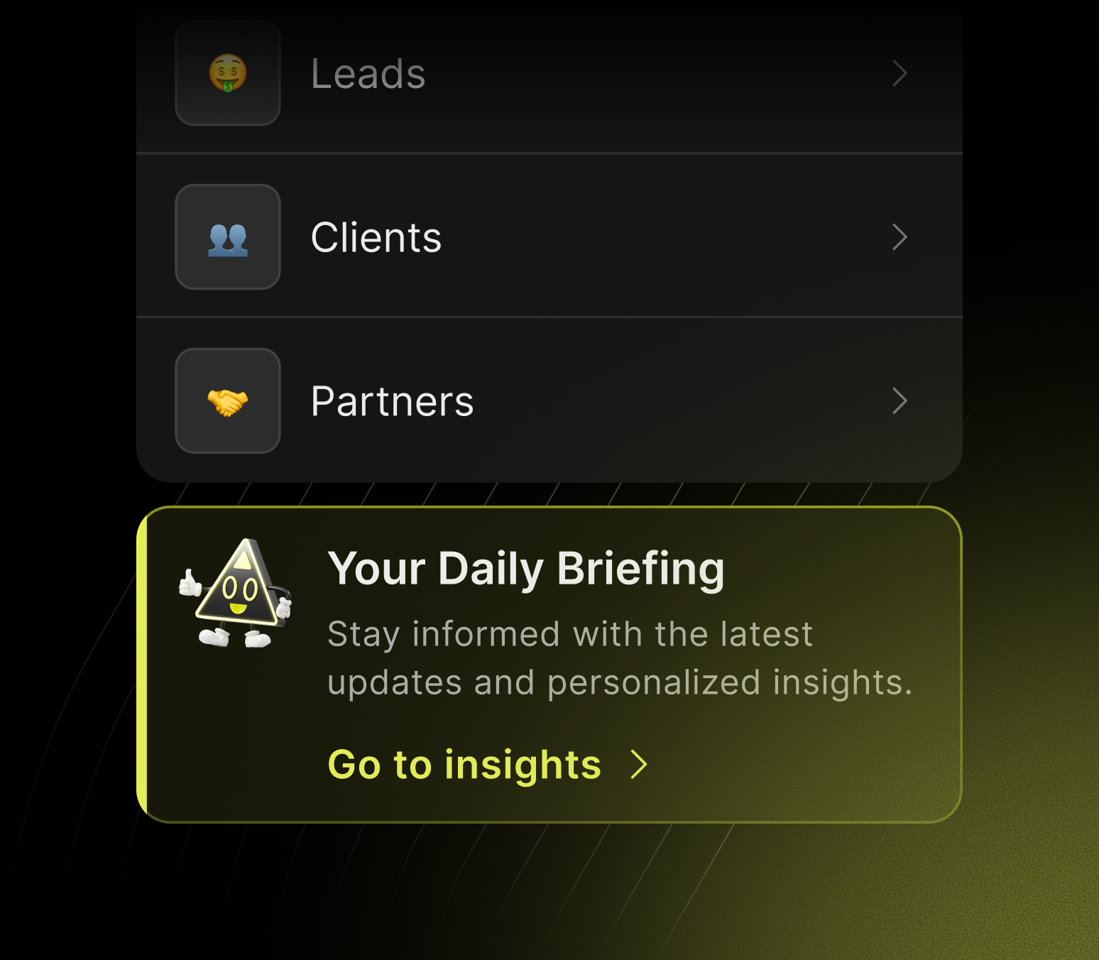 App menu with options Leads, Clients, Partners, and a highlighted daily briefing card encouraging to go to insights.