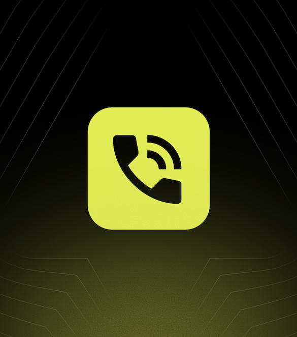 Yellow-green square icon with a black telephone handset and sound waves on a dark gradient background.