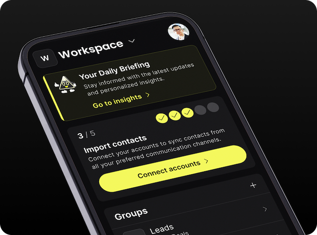 Mobile screen showing a dark-themed Workspace app interface with a Daily Briefing notification, import contacts progress, and a Connect accounts button.