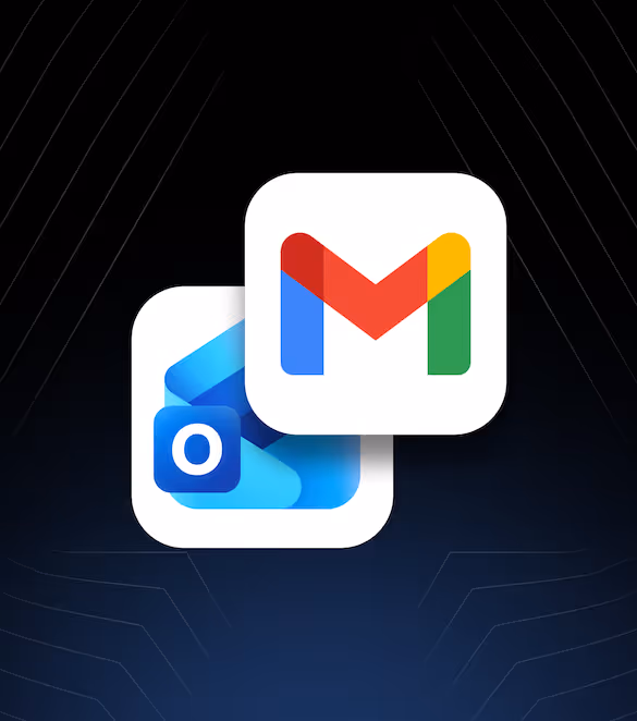 Icons of Microsoft Outlook and Gmail email apps on a dark blue background.