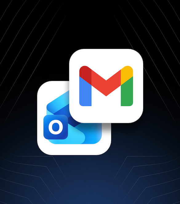 Icons of Microsoft Outlook and Gmail email apps on a dark blue background.