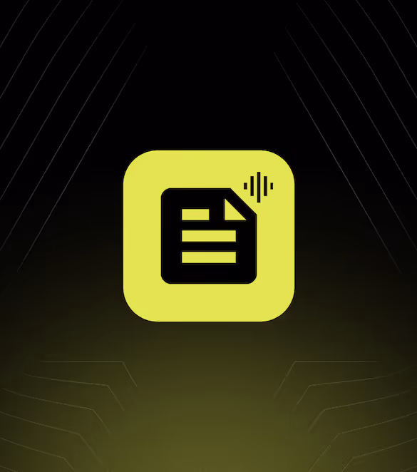 Icon of a document with text lines and a voice wave symbol on the top right inside a rounded square with green gradient background.