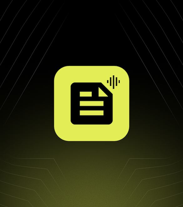 Icon of a document with text lines and a voice wave symbol on the top right inside a rounded square with green gradient background.