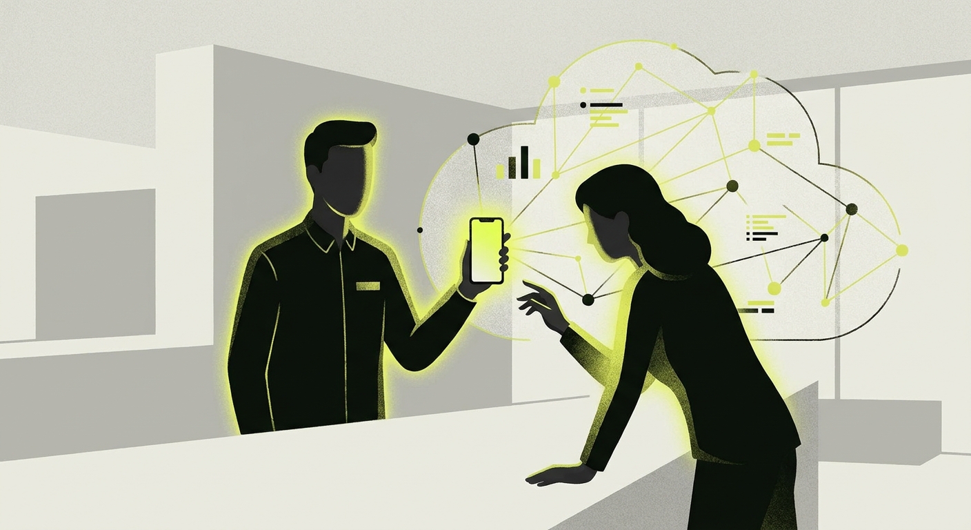 Illustration for show customer, sales person with phone in hand