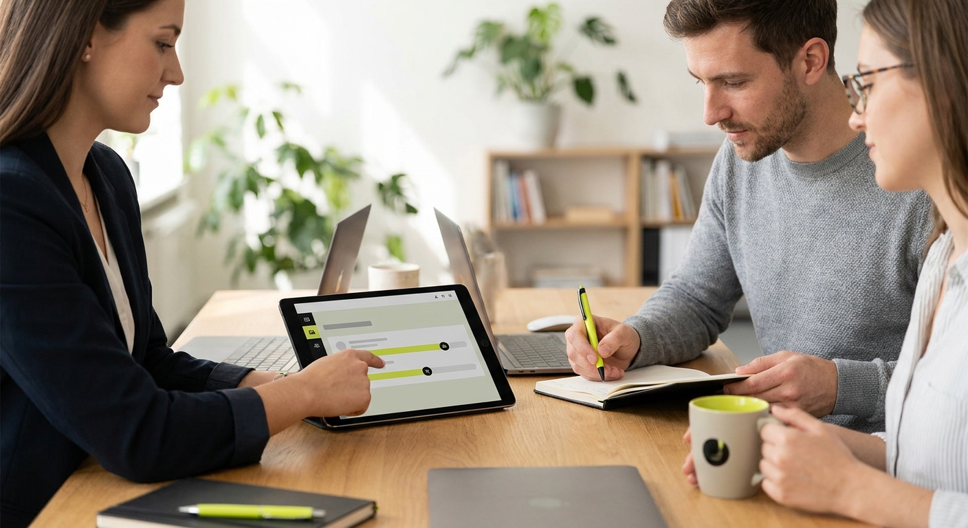 Colleagues discussing a project on a digital tablet at an office table.