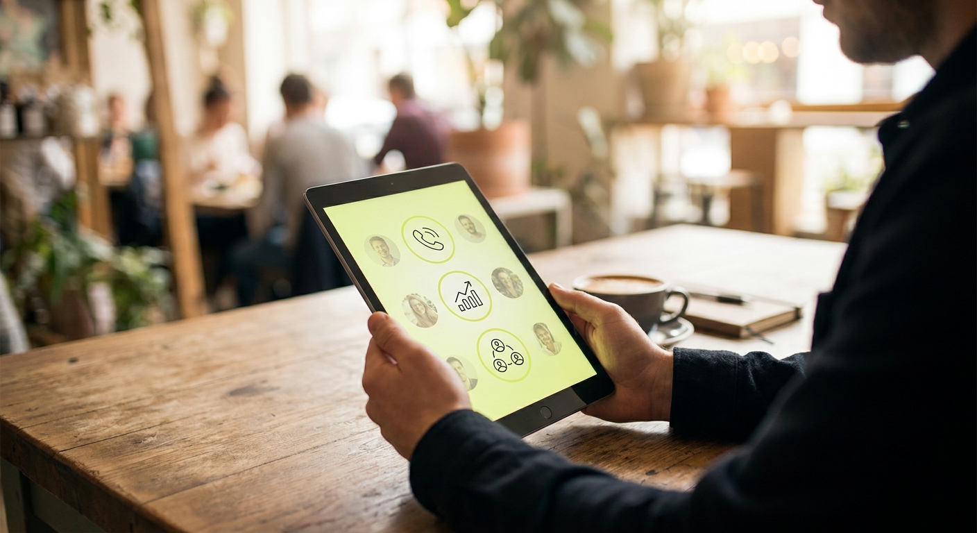 Person at a cafe table holding a tablet that shows business icons and team photos, comparing types of CRM