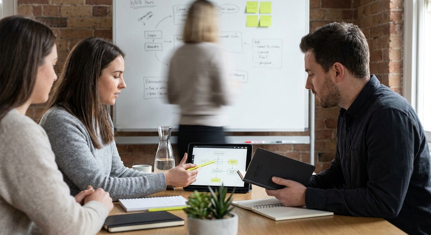 Colleagues reviewing a diagram on a tablet during an office meeting.