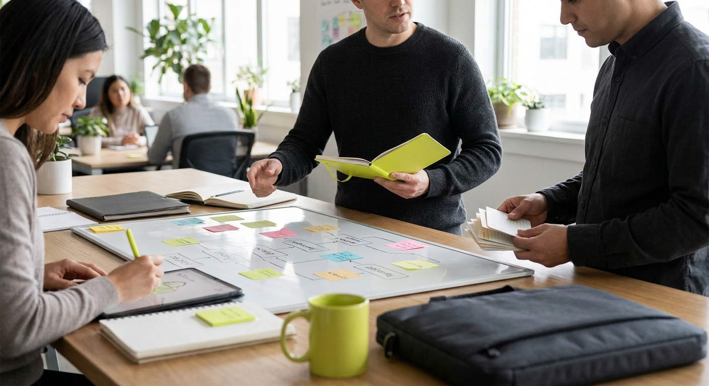 Coworkers planning a project with sticky notes on a whiteboard in an open office.