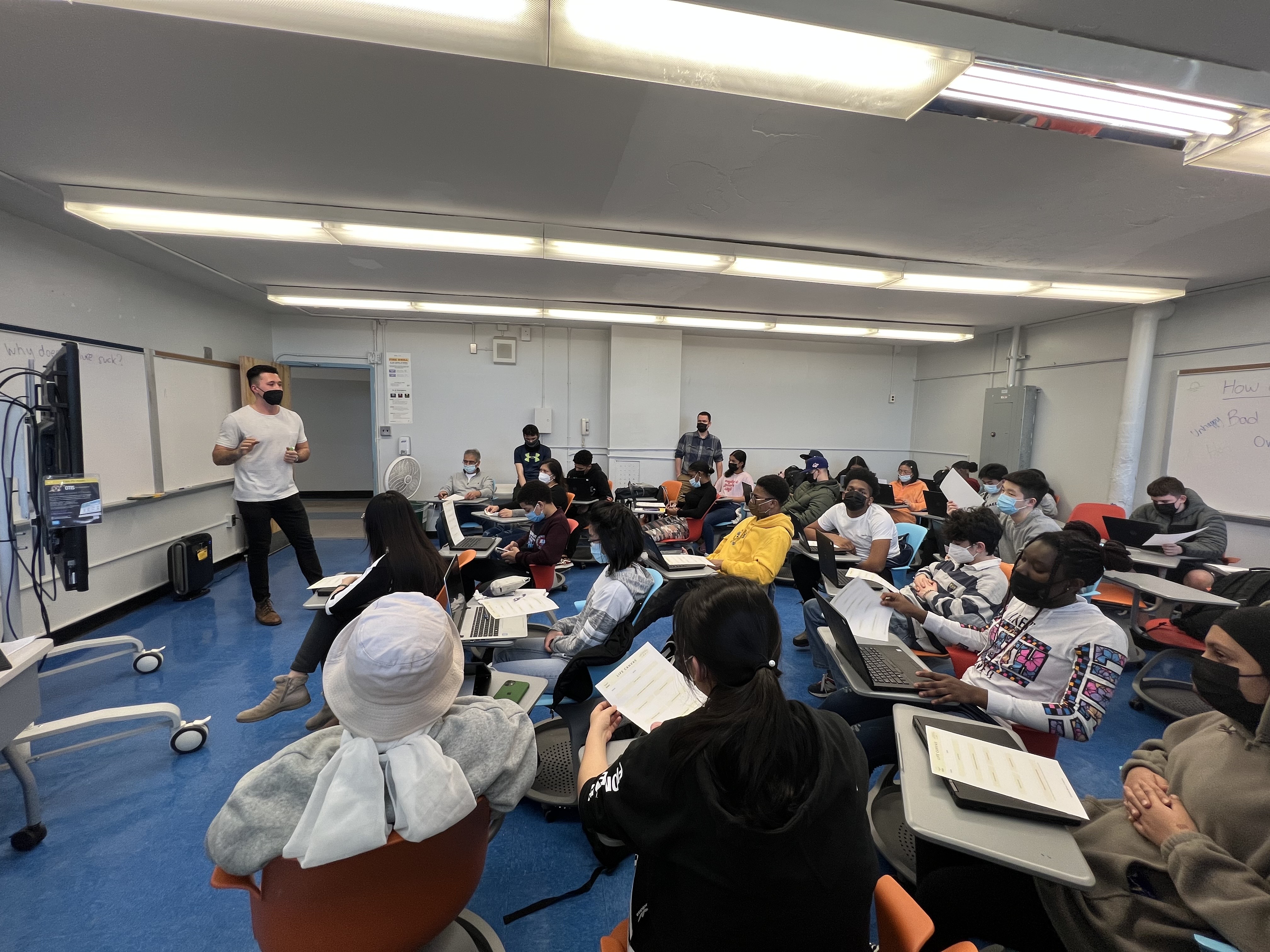 Oren leading a workshop with students in an NYC classroom during COVID