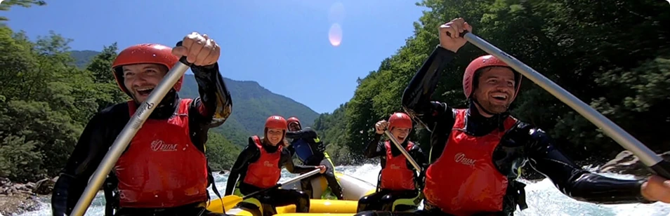 Extreme rafting group of friends on Tara River rapids, adventure tour Bosnia