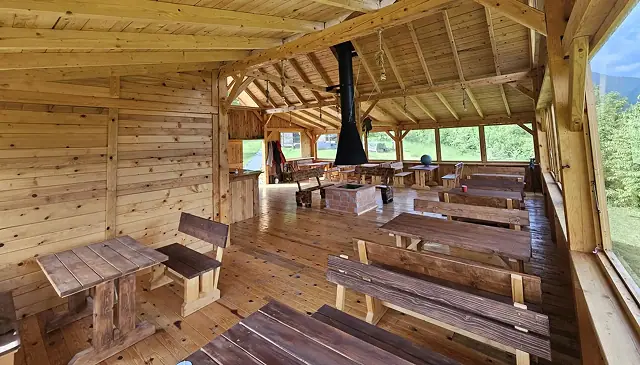 Resturant morning with fireplace, sunny day, Sutjeska nATIONAL PARK