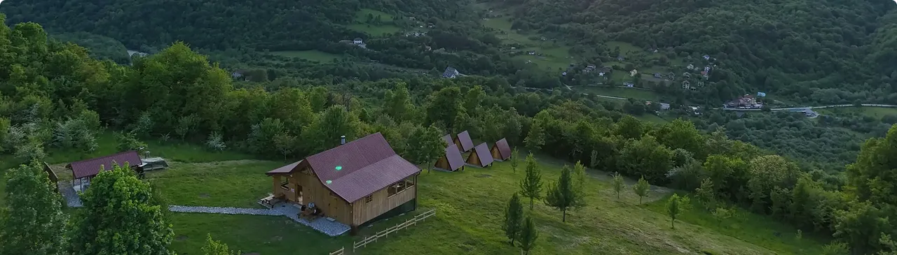 Accommodation and view on resturant and cabins during the day, Sutjeska National Park bosnia