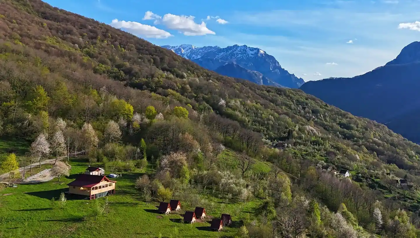 Panoramic view of Mountain Camp Outdoor Tara basecamp with Volujak mountain in the background, Bosnia