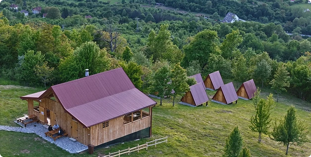 Mountain Camp Outdoor Tara restaurant and wooden cabins during daytime, Sutjeska National Park Bosnia