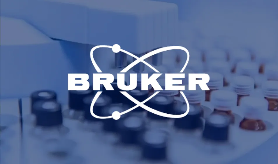 Bruker logo overlay on a blurred image of laboratory vials and scientific equipment.