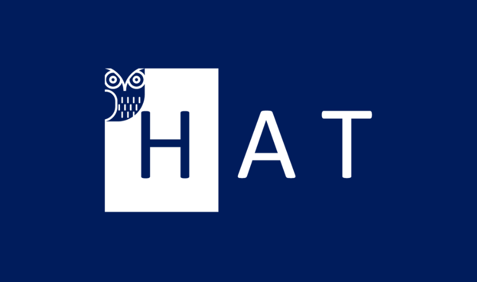 HAT text with stylized owl peeking from left side of letter H on dark blue background.