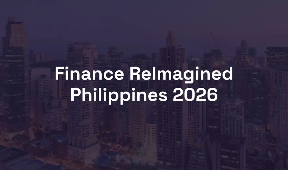 Cityscape background with text Finance ReImagined Philippines 2026 in white letters.