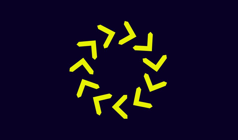 Yellow chevron arrows arranged in a circular pattern on a dark blue background.