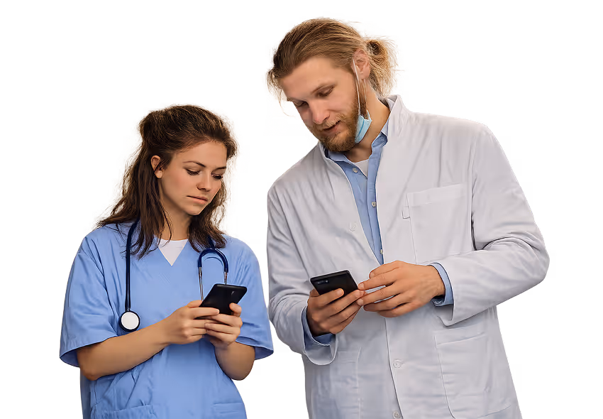 Male doctor and female nurse looking at their smartphones together.